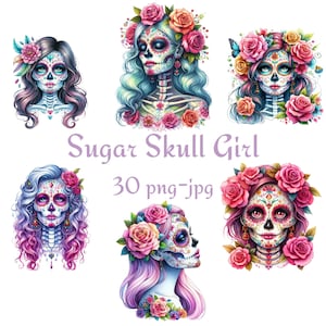30 Zuckerschädel Mädchen Clipart, Blumen Schädel Mädchen Clipart, Aquarell Zuckerschädel Mädchen Transparenten Hintergrund Hohe Qualität 300 Dpı PNG JPG