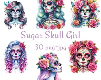 May include: Set of five digital illustrations of sugar skull girls with floral headbands and colorful makeup. The text "Sugar Skull Girl 30 png-jpg" is displayed below the images.