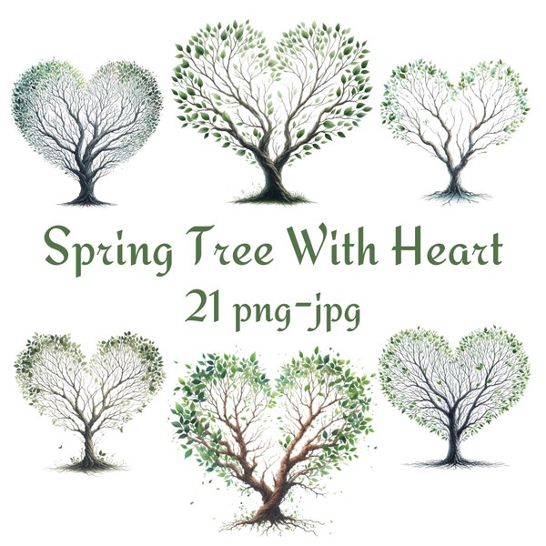 21 Spring Tree With Heart Clipart, Watercolor Spring Tree With Heart Clipart, Spring Tree With Heart High Quality 300 Dpı PNG JPG Clipart