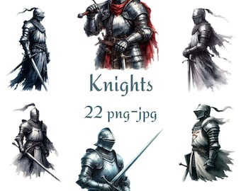 22 Knights Clipart, Medieval Knight Clipart, Watercolor Knights High Quality Transparent Background 300 Dpı PNG JPG Clipart