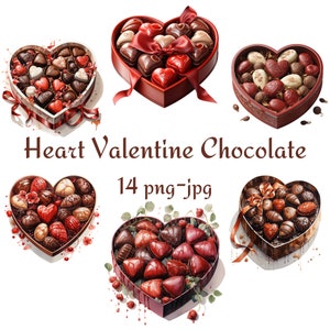 14 clipart de chocolate de dia dos namorados em formato de coração, caixa de chocolates em formato de coração, aquarela de alta qualidade 300 dpi PNG JPG pacote de clipart