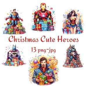 13 Super-heróis de Natal Clipart dos Vingadores, Clipart de super-heróis de Natal, Fundo transparente de super-heróis em aquarela 300 Dpı PNG JPG