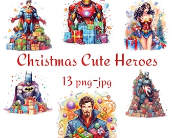 13 Christmas Superheroes Avengers Clipart, Christmas Superhero Clipart, Watercolor  Superheroes Transparent Background 300 Dpı PNG JPG