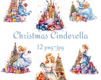 12 Cinderella Clipart, Christmas Fairy Tale Princess Clipart, Watercolor Cinderella 300 Dpı High Quality PNG JPG Clipart,