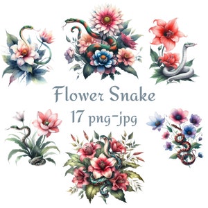 17 Clipart de cobra de flor, clipart de cobra floral, cobra florida em aquarela de alta qualidade 300 Dpı PNG JPG Clipart
