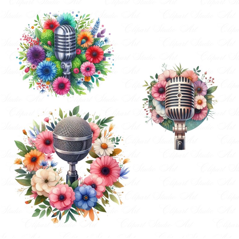 May include: Three vintage microphones with silver and black accents are surrounded by colorful watercolor flowers. The flowers are in shades of pink, purple, blue, yellow, and white.