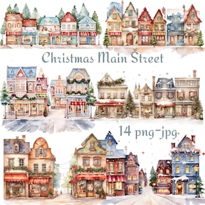 14 Clipart Aquarela Da Rua Principal De Natal, Clipart De Decorações De Natal De Casas, Decorações De Rua Principal De Natal PNG JPG Clipart