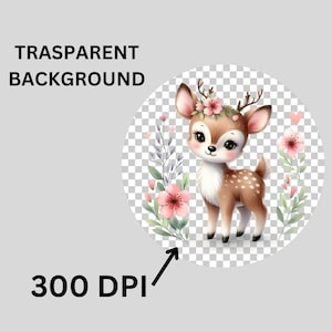 Pode incluir: Um veado de desenho animado fofo com manchas marrons e brancas usando uma coroa de flores rosa. O veado est&aacute; cercado por flores rosas e folhas verdes em um fundo transparente.