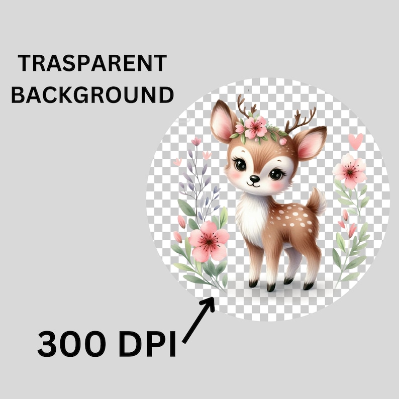 Pode incluir: Um veado de desenho animado fofo com manchas marrons e brancas usando uma coroa de flores rosa. O veado est&aacute; cercado por flores rosas e folhas verdes em um fundo transparente.