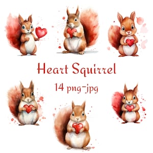 14 Clipart coeur écureuil, écureuil avec coeur Saint-Valentin Clipart, écureuil tenant des cliparts coeur rouge, des cliparts 300 DPI PNG JPG
