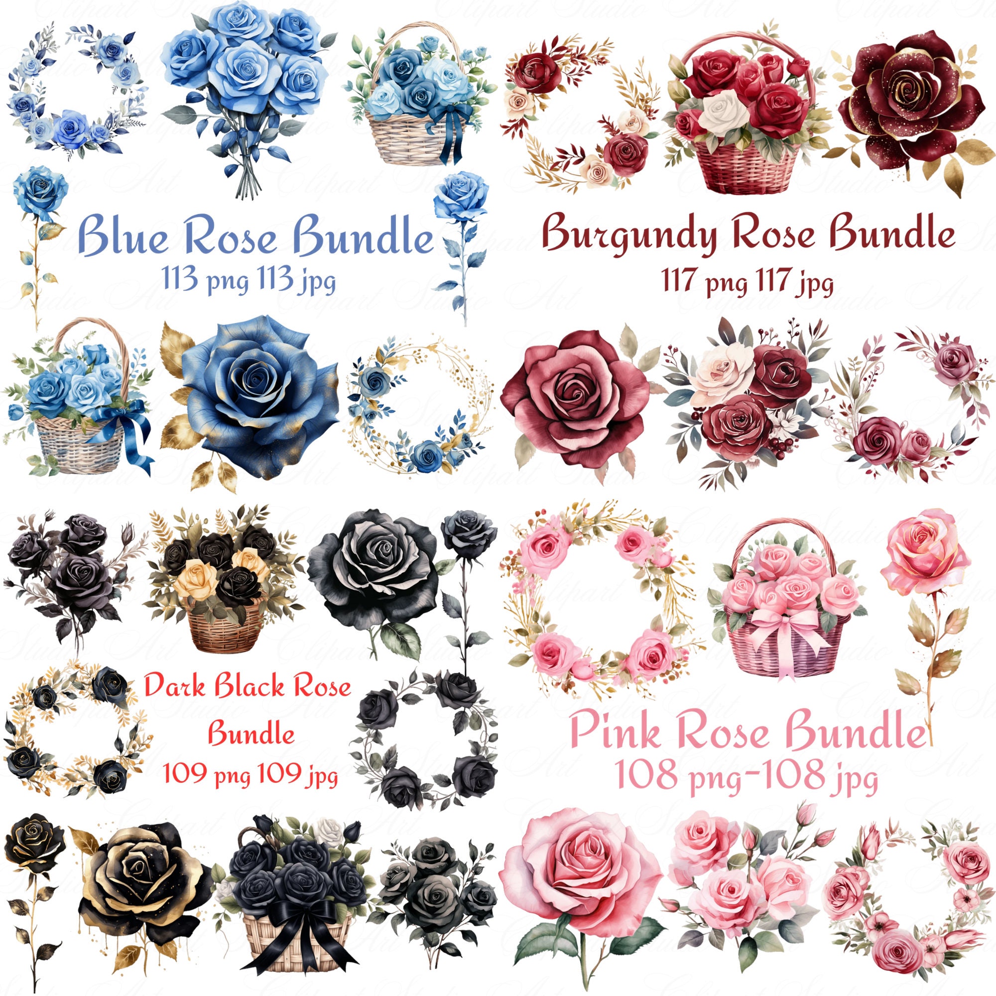 860+ Rose Flower Bundle Clipart, Watercolor Rose Floral Clipart, Rose ...