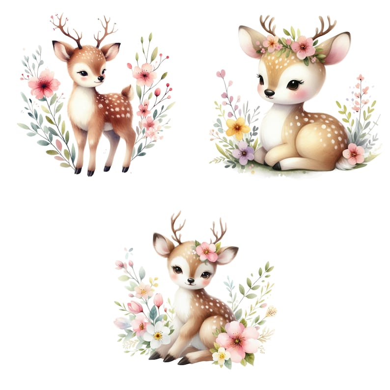 Pode incluir: Tr&ecirc;s ilustra&ccedil;&otilde;es de aquarela de veados fofinhos com coroas florais e cercados por flores rosa, brancas e amarelas.