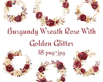 18 Burgundy Wreath Rose With Golden Glitter Clipart, Wedding Bridal Shower Burgundy Wreath Rose With Golden Glitter Clipart PNG JPG