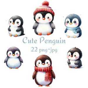 22 Cute Penguin Clipart, Winter Cute Penguin Clipart, Watercolor Cute Penguin Transparent Background 300 Dpı PNG JPG Clipart