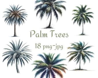 18 Palm Trees Clipart, Tropical Trees Clipart, Watercolor Palm Tree High Quality Transparent Background 300 Dpı PNG JPG Clipart