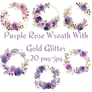 20 Lila Rose Kranz mit Gold Glitter Clipart, Hochzeit Brautdusche Blumen Clipart, lila Rose Kranz mit Gold Glitter Clipart PNG JPG