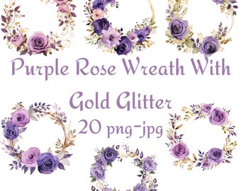 20 Purple Rose Wreath With Gold Glitter Clipart, Wedding Bridal Shower Flowers Clipart,Purple Rose Wreath With Gold Glitter Clipart PNG JPG
