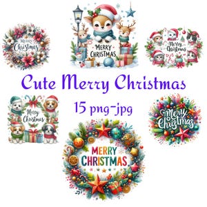 15 Nettes frohes Weihnachten Clipart, Weihnachtscliparts, Aquarell nettes Haustier Weihnachtsmütze-Qualitäts-transparenten Hintergrund 300 Dpı PNG JPG Clipart