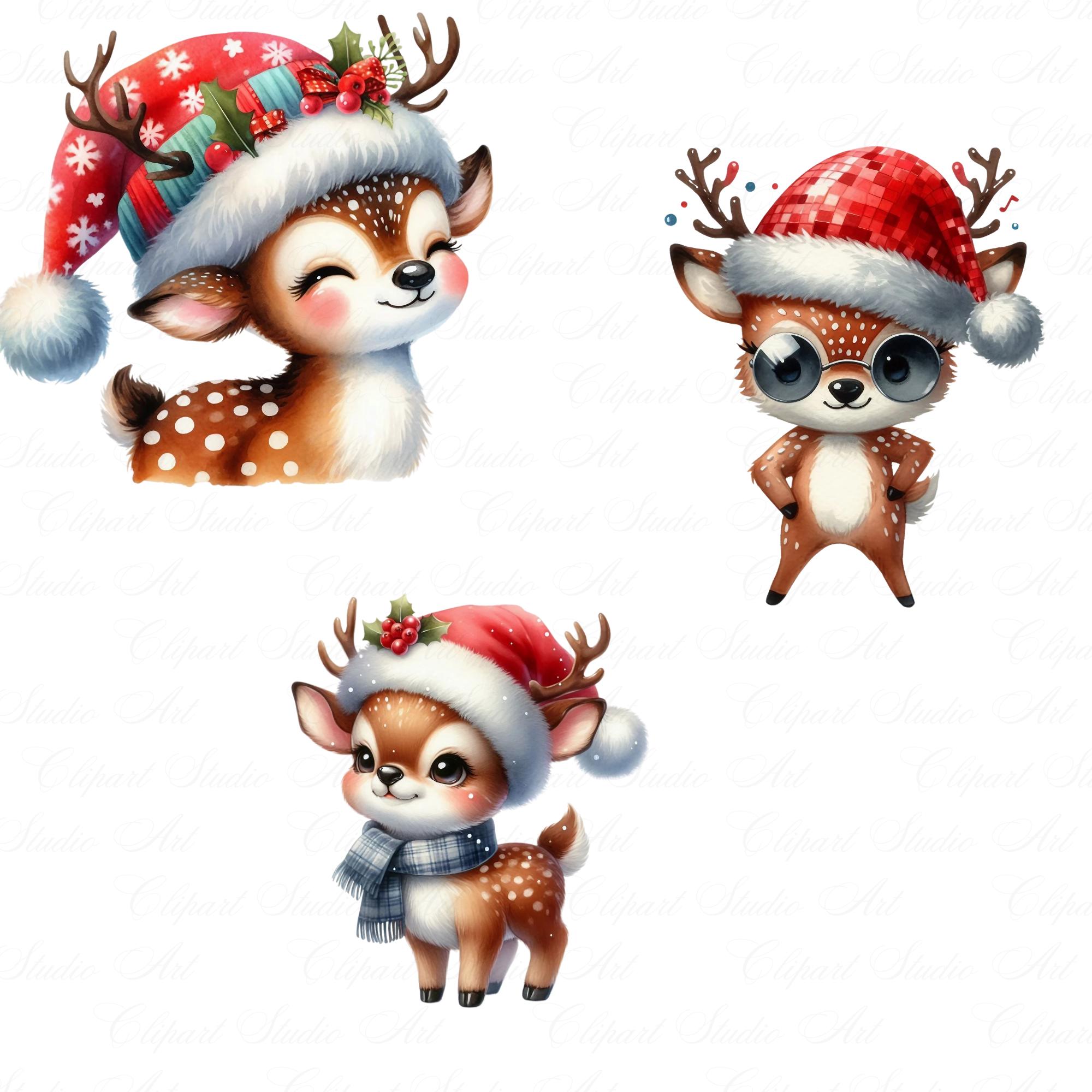 15 Cute Deer in Santa Hat Clipart, Watercolor Deer in Santa Hat Clipart ...
