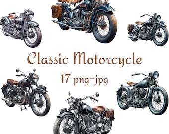17 Classic Motorcycle Clipart, Old Retro Motorcycle Clipart, Watercolor Classic Motorcycle Transparent Background 300 Dpı PNG JPG