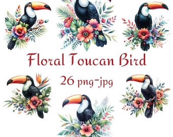 26 Floral Toucan Bird Clipart, Lucky Bird Clipart, High Quality Watercolor Toucan Bird Transparent Background 300 Dpı PNG JPG Clipart