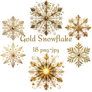 18 Gold Schneeflocke Clipart, Winter Schneeflocke Clipart, Aquarell Original Gold Schneeflocke, Qualitätslabel, Qualitätsdruck 18 PNG JPG 300 Dpı