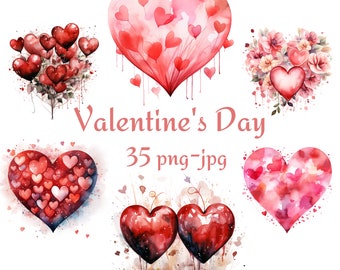 35 Valentine Day Clipart, Valentine Day Watercolor Hearted Clipart, Watercolor Valentine Day Transparent Background 300 Dpı PNG JPG Clipart