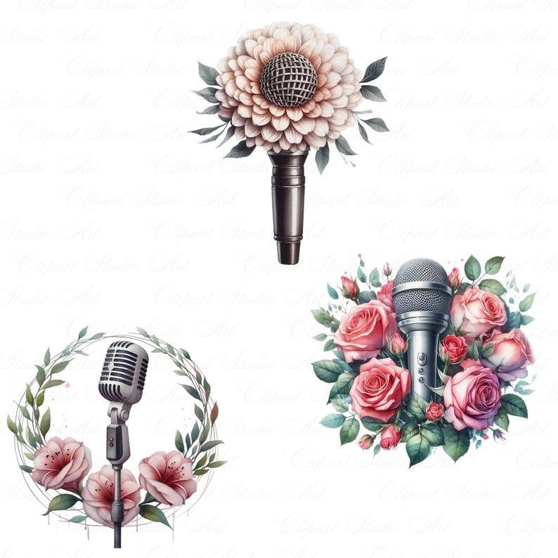 May include: Three watercolor illustrations of microphones with pink roses and greenery. The first image features a microphone with a large pink flower. The second image features a microphone with a bouquet of pink roses. The third image features a microphone with a wreath of pink roses and greenery.