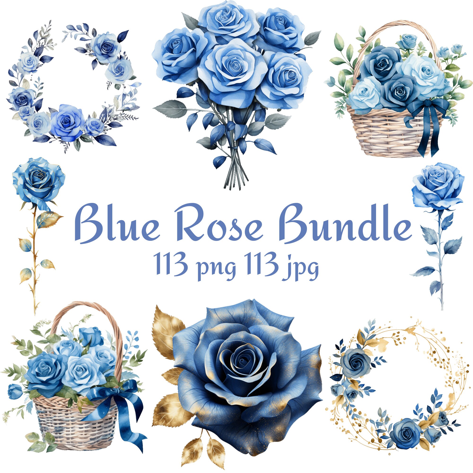 113 Blue Rose Bundle, Gold Glitter, Rose Wreath, Rose Gift Basket
