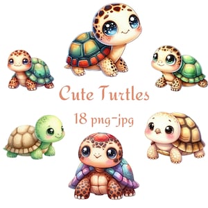 18 Süße Schildkröten Clipart, Baby Schildkröte Clipart, Aquarell Süße Schildkröten Hochwertiger transparenter Hintergrund 300 Dpı PNG JPG