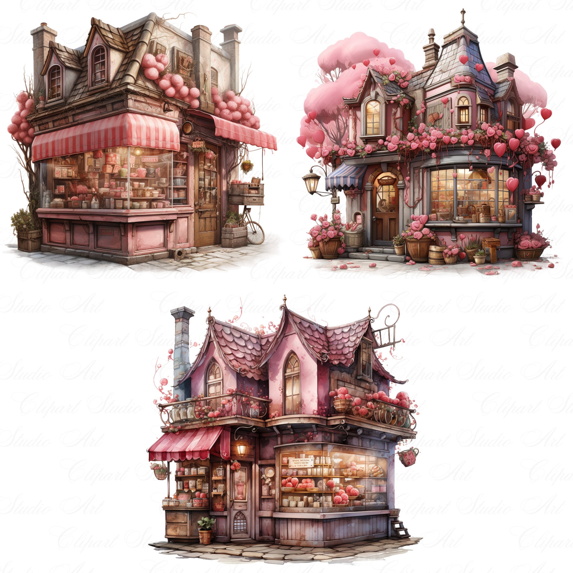 12 Cute Valentines Candy Shop Clipart, Watercolor Candy Shop Storefront ...