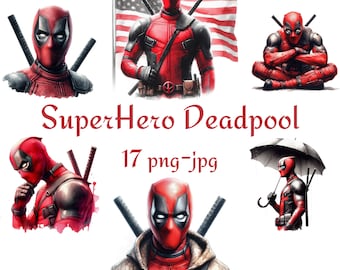 17 superheld clipart, Deadpool clipart, aquarel superheld hoge kwaliteit transparante achtergrond hoge kwaliteit 300 Dpı PNG JPG clipart