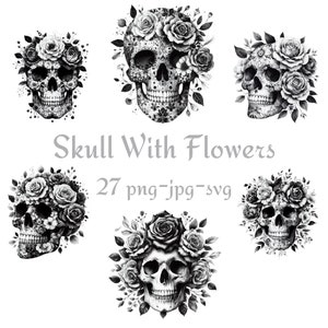 27 Schädel mit Blumen Clipart, Schwarzweiß-Blumenschädel Clipart, Aquarellschädel mit Blumen Transparenter Hintergrund PNG JPG SVG