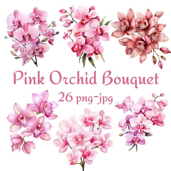 26 Pink Orchid Bouquet Clipart, Wedding Bridal Shower Pink Orchid Bouquet Clipart, Watercolor Pink Orchid Bouquet PNG JPG