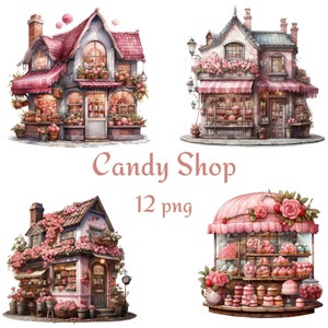 12 Candy Shop Clipart, Flower Candy Shop Watercolor Clipart, Shop Flower Ornaments Clipart, Candy Shop Watercolor PNG 300 Dpı Clipart