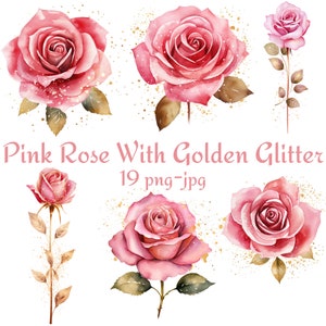 19 Rosa Rosa Com Glitter Dourado Clipart, Chá de panela de Casamento Rosa Rosa Com Flores Douradas Clipart, Aquarela Rosa PNG JPG