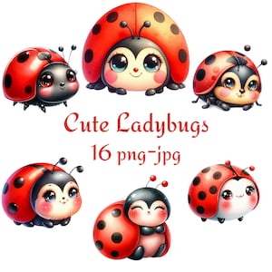 Clipart 16 coccinelle carine, clipart dell’acquerello di piccoli insetti primaverili carini, clipart dell’acquerello Cute Ladybugs di alta qualità 300 Dpı PNG JPG