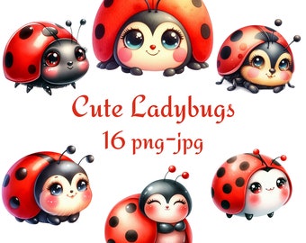 16 Cute Ladybugs Clipart, Watercolor Cute Little Spring Insects Clipart, WatercolorCute Ladybugs High Quality 300 Dpı PNG JPG Clipart