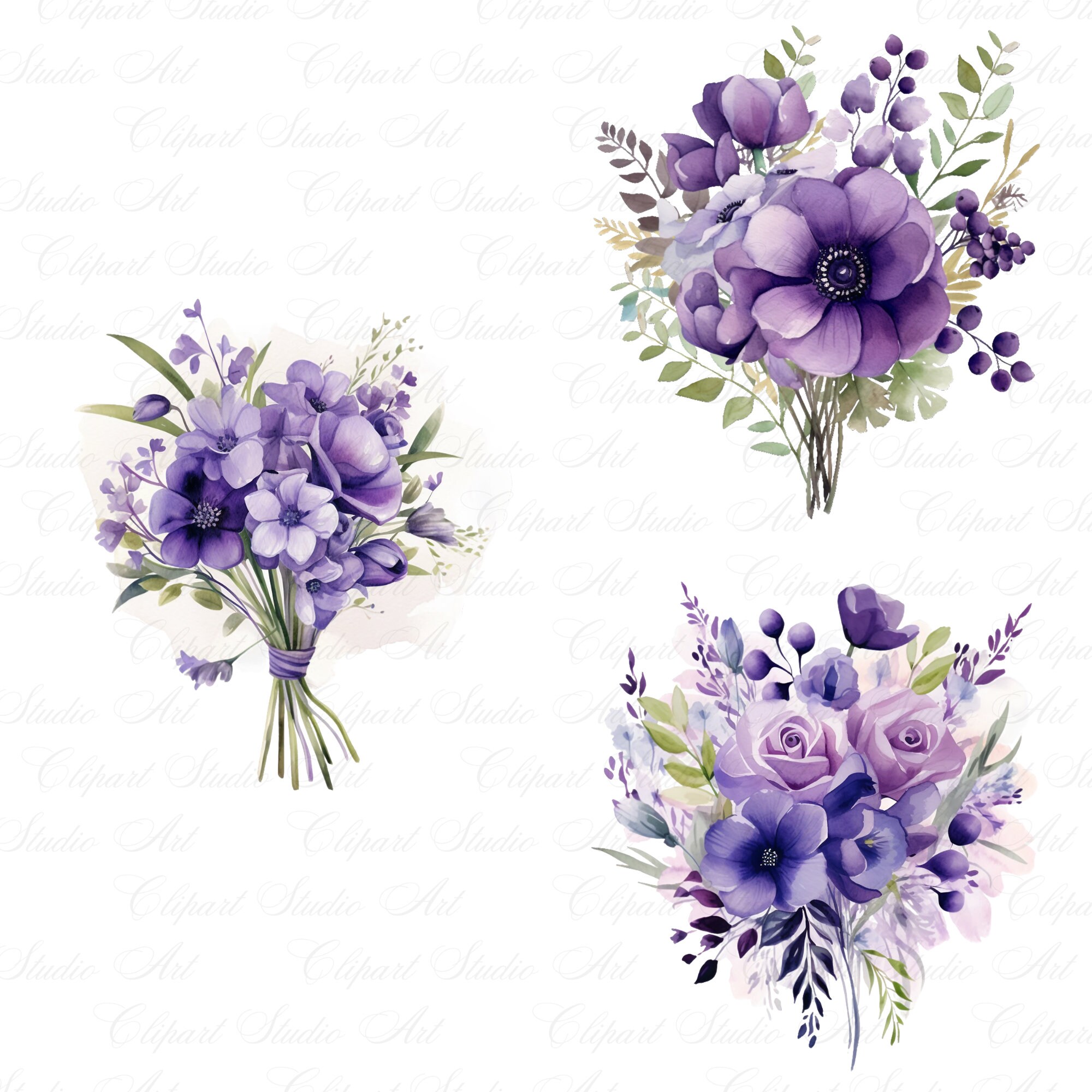 15 Violet Flower Bouquet Clipart, Wedding Bridal Shower Violet Flower
