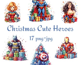 17 Christmas Superhero Clipart, Christmas Superheroes Avengers Clipart, Watercolor Superhero Transparent Background 300 Dpı PNG JPG Clipart