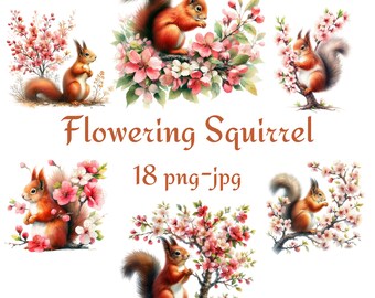 Może przedstawiać: Zestaw 18 obrazów cyfrowych przedstawiających urocze wiewiórki otoczone różowymi i białymi kwiatami wiśni. Obrazy idealnie nadają się do rękodzieła, scrapbookingu i innych projektów kreatywnych.