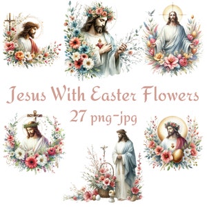 27 Jesus mit Osterblumen Clipart, Aquarell Jesus mit Osterei Clipart, Osterei Clipart, Osterfest PNG JPG Clipart