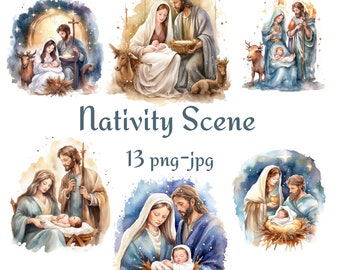 Watercolor Nativity Scene Clipart Bundle, Religious Christmas (PNG JPG)