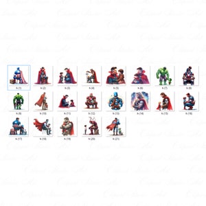 May include: A collection of watercolor illustrations featuring superheroes with children. Each image showcases a different superhero, such as Captain America, Iron Man, and Hulk, in heartwarming scenes with a child. The images are labeled with the letter "h" and a number.