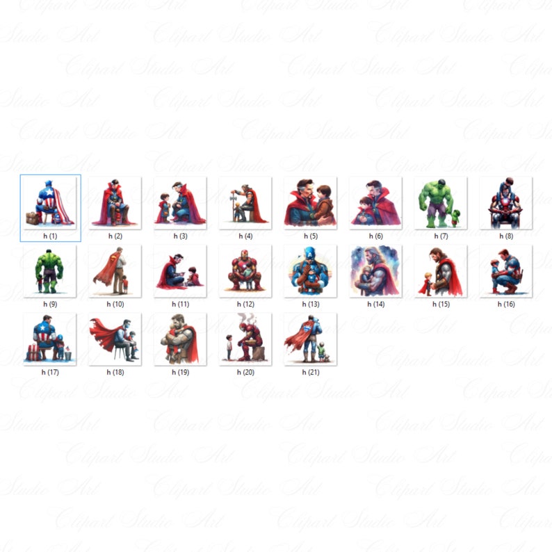 May include: A collection of watercolor illustrations featuring superheroes with children. Each image showcases a different superhero, such as Captain America, Iron Man, and Hulk, in heartwarming scenes with a child. The images are labeled with the letter "h" and a number.