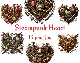 13 Steampunk Valentine's Day Heart Clipart, Steampunk Elements Bundle Clipart, Watercolor Transparent Background 300 Dpı PNG JPG Clipart
