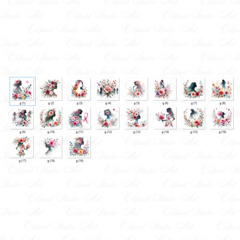 Puede incluir: Un conjunto de 19 ilustraciones digitales de acuarela que presentan la silueta de una mujer rodeada de flores. Las flores son en tonos de rosa, rojo y azul. Las ilustraciones son perfectas para crear invitaciones, tarjetas y otros proyectos digitales.