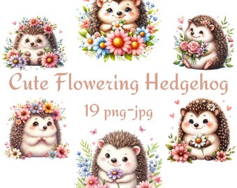 19 Cute Flowering Hedgehog Clipart, Cute Baby Animals Clipart, Watercolor Cute Flowering Hedgehog Transparent Background 300 Dpı PNG JPG