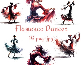 19 Flamenco Dancer Clipart, Splash Flamenco Dancer Clipart, Watercolor Flamenco Dancer Transparent Background 300 Dpı PNG JPG Clipart