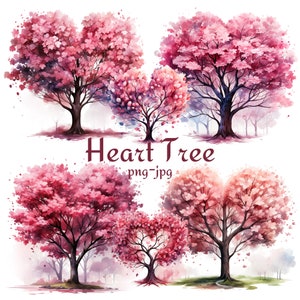 Rosa Baum Herz Blätter Clipart, Herz Blatt Baum Herbst Clipart, Aquarell Baum Herz Blätter Clipart, Herbst Valentinstag PNG JPG Clipart